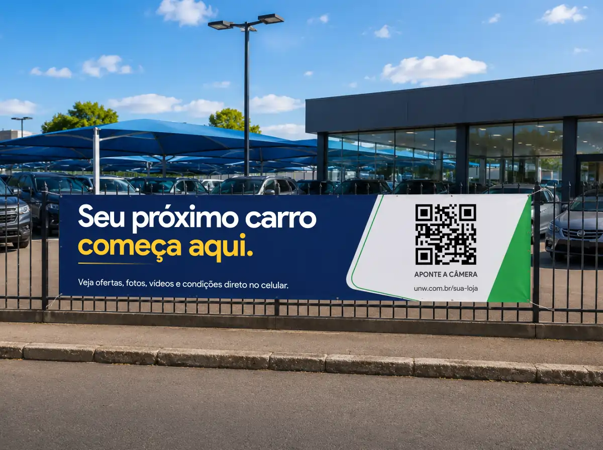 Referência de uma faixa personalizada com QR Code na fachada de uma revenda