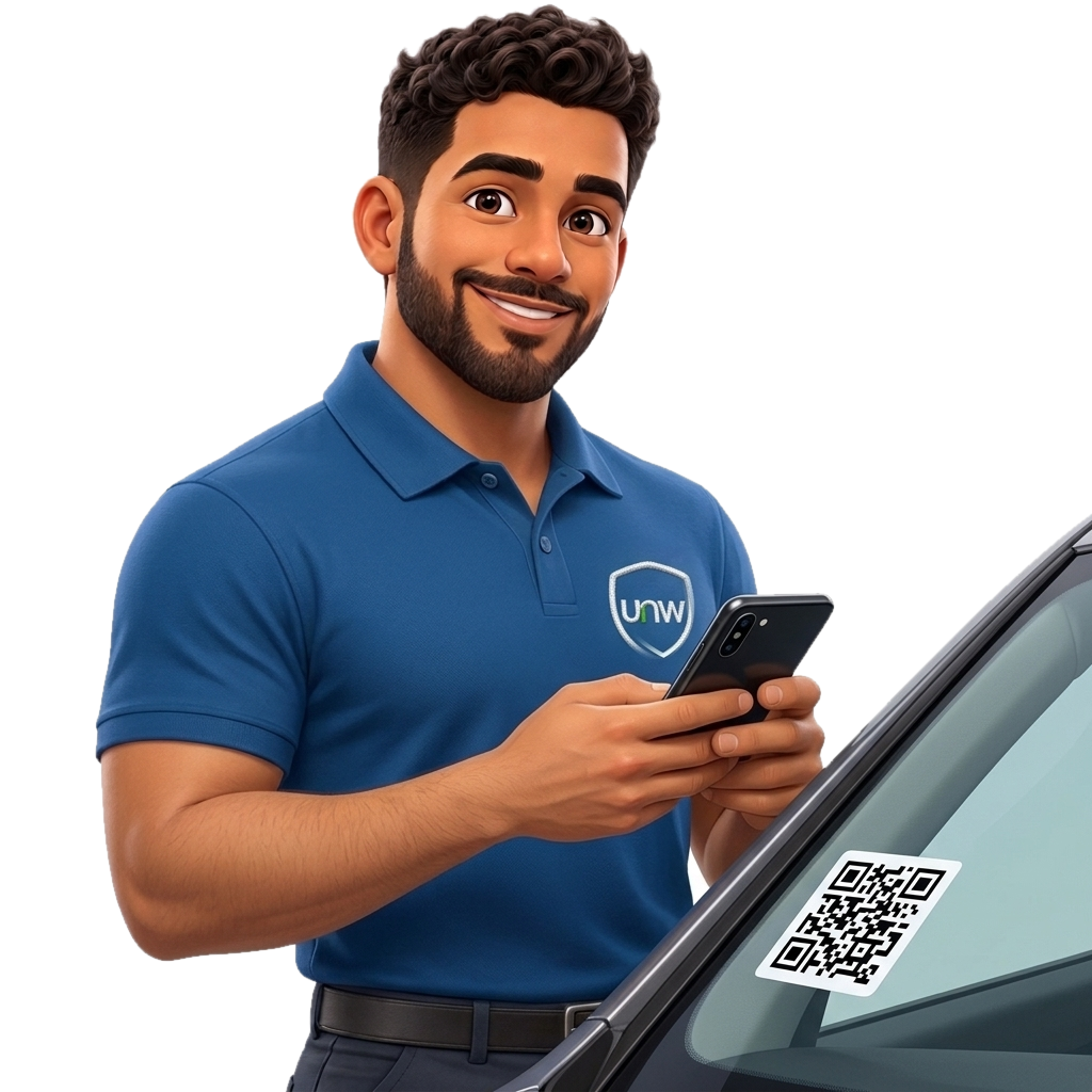 Mascote da UsadosNaWeb lendo o QR Code da ficha no para-brisa de um carro