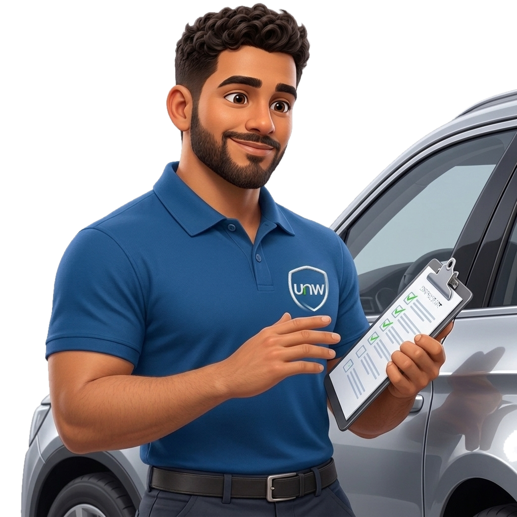 Mascote da UsadosNaWeb com a lista de conferência ao lado de um carro