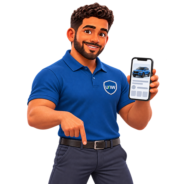 Mascote da UsadosNaWeb apontando para o celular que mostra a página de um veículo