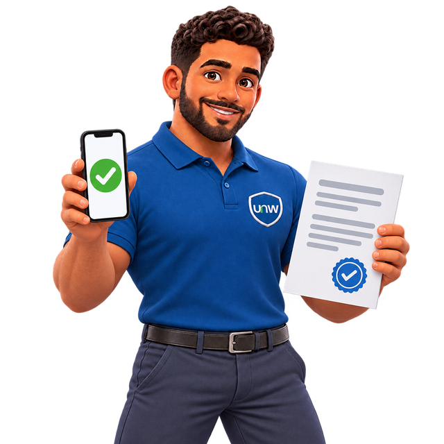 Mascote da UsadosNaWeb com um celular de pagamento aprovado e um relatório com selo de aprovado