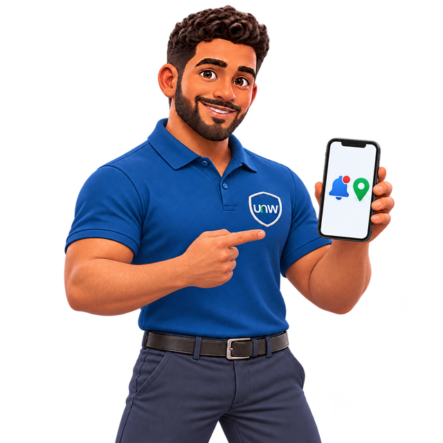 Mascote da UsadosNaWeb com um celular que mostra um sino de aviso e um alfinete de mapa