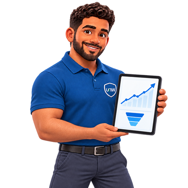 Mascote da UsadosNaWeb segurando um tablet com um gráfico subindo e um funil