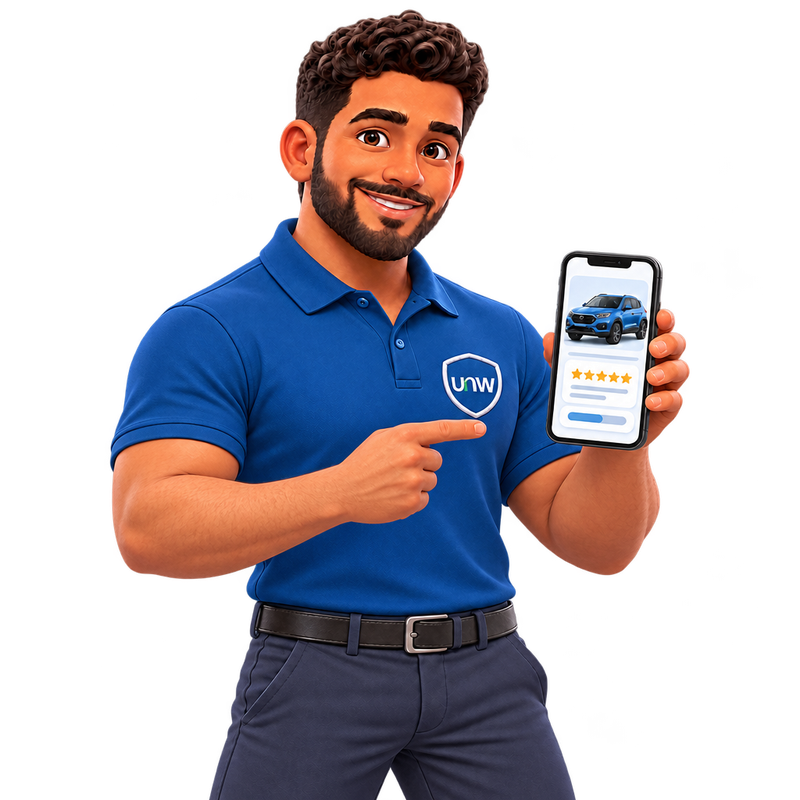 Mascote da UsadosNaWeb apontando para um celular que mostra um SUV azul com a nota da análise do modelo