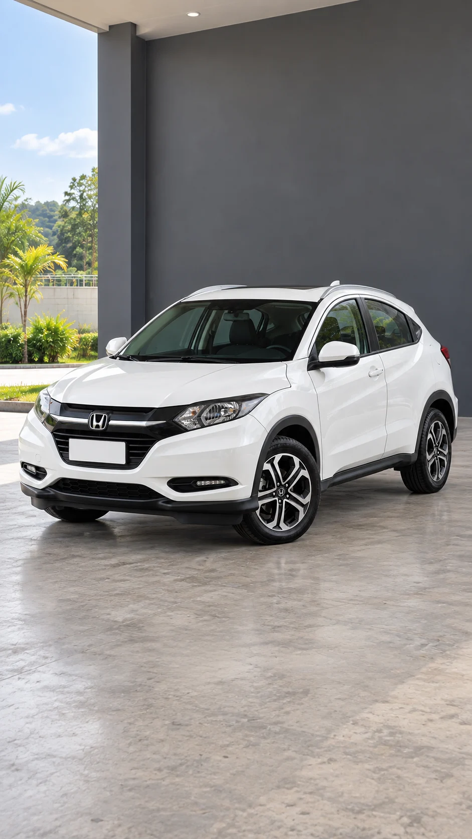 O mesmo SUV branco em uma nova tomada vertical, com o veículo inteiro e o cenário preenchendo a imagem.