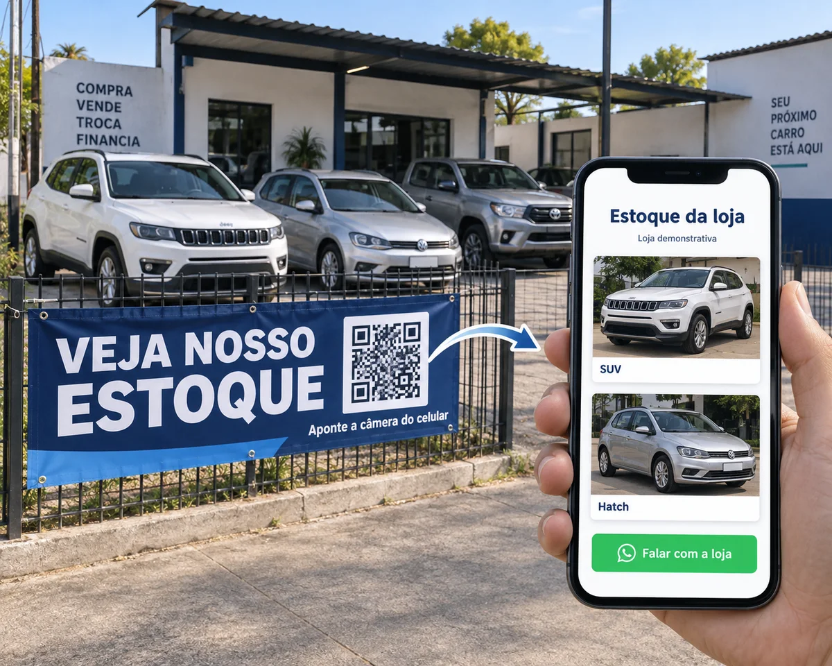 Ilustração: o QR Code de uma faixa na loja leva à página com os veículos e o botão de contato no celular