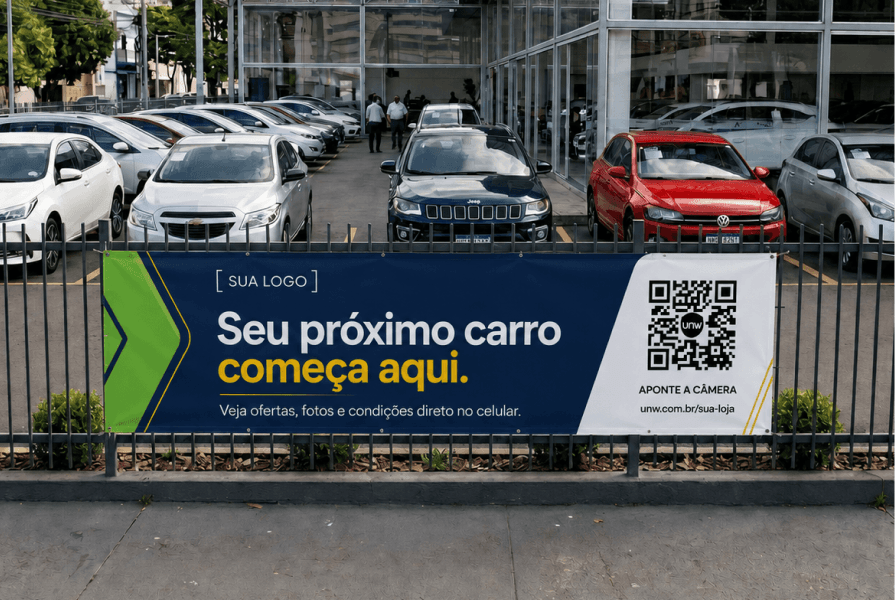 Faixa 3 × 0,80 m personalizada com QR Code instalada na fachada da loja de veículos
