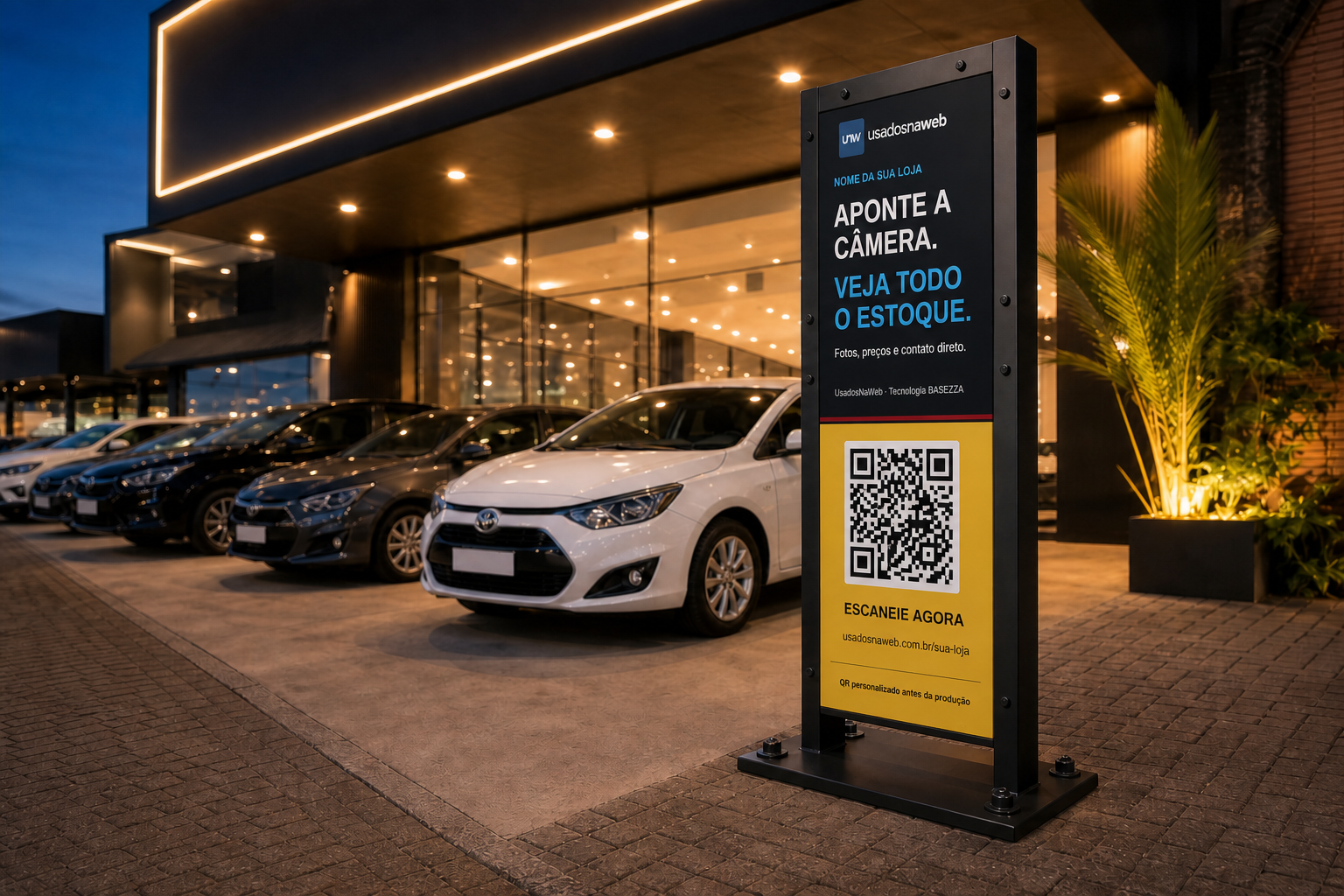 Totem QR Code instalado na entrada de uma loja de veículos