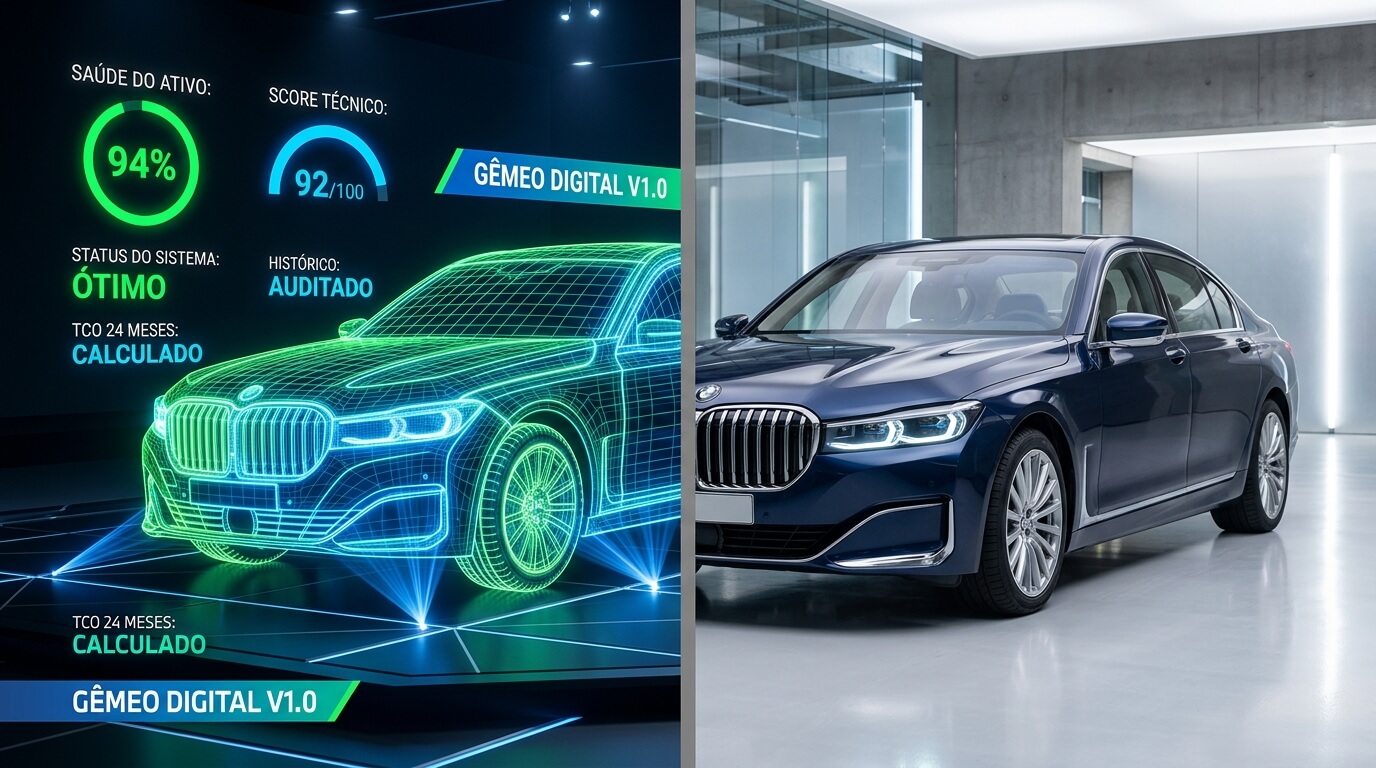 Veículo Virtual Basezza. Gêmeo digital com telemetria e IA à esquerda, veículo real à direita.