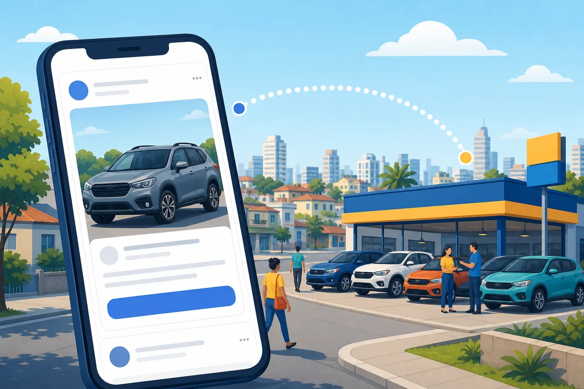 Celular em destaque mostrando um anúncio de SUV usado, com a cidade e uma loja de veículos ao fundo ligadas por uma linha pontilhada