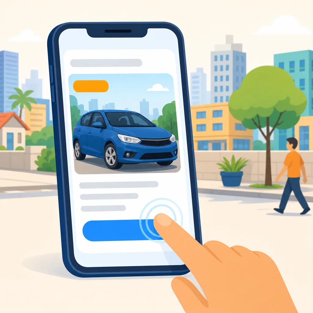 Mão tocando o botão de um anúncio de carro na tela do celular