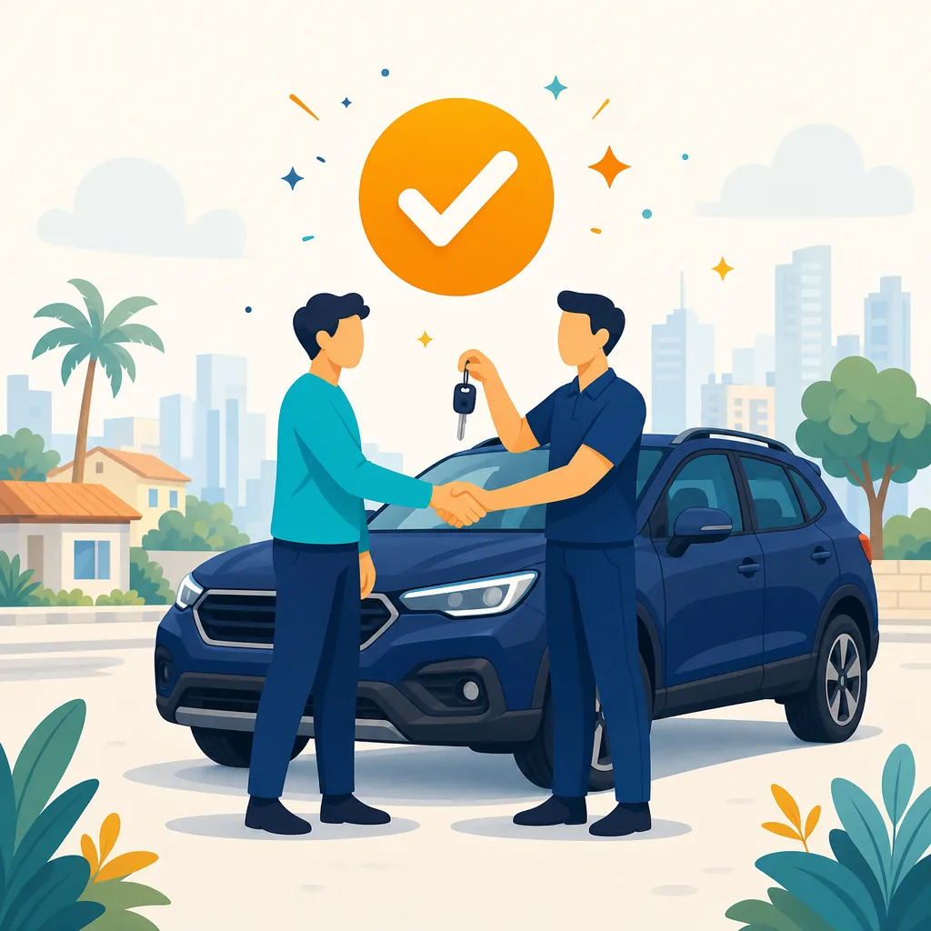 Cliente e vendedor apertando as mãos e entregando a chave diante de um SUV, com selo de confirmação acima